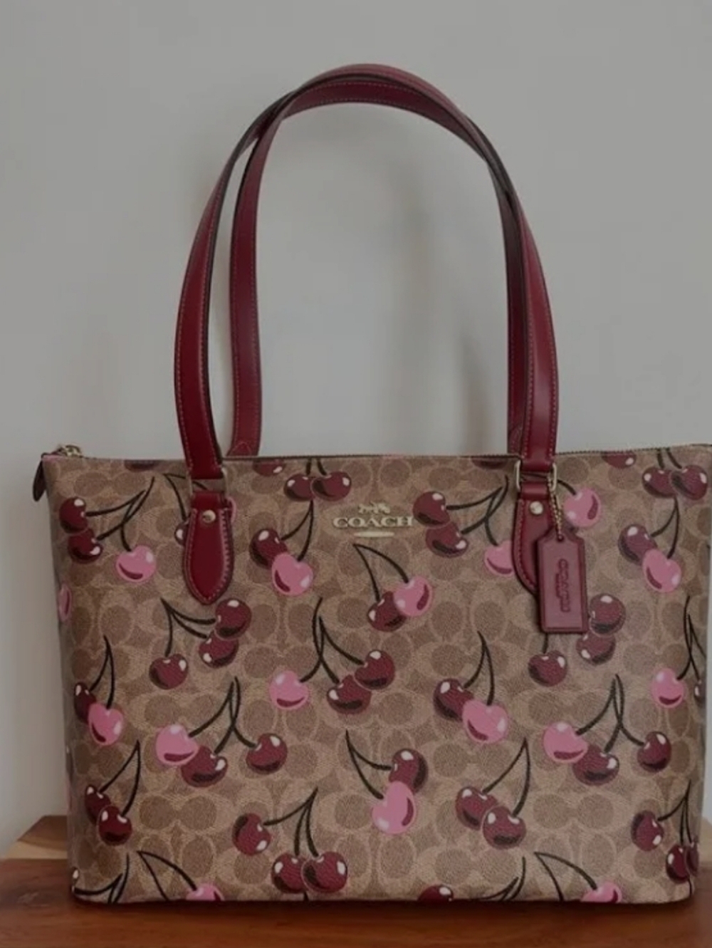 Coach Cherry-Print Signature Tote — Brown with Pink Accents NWOT - Picture 2 of 13